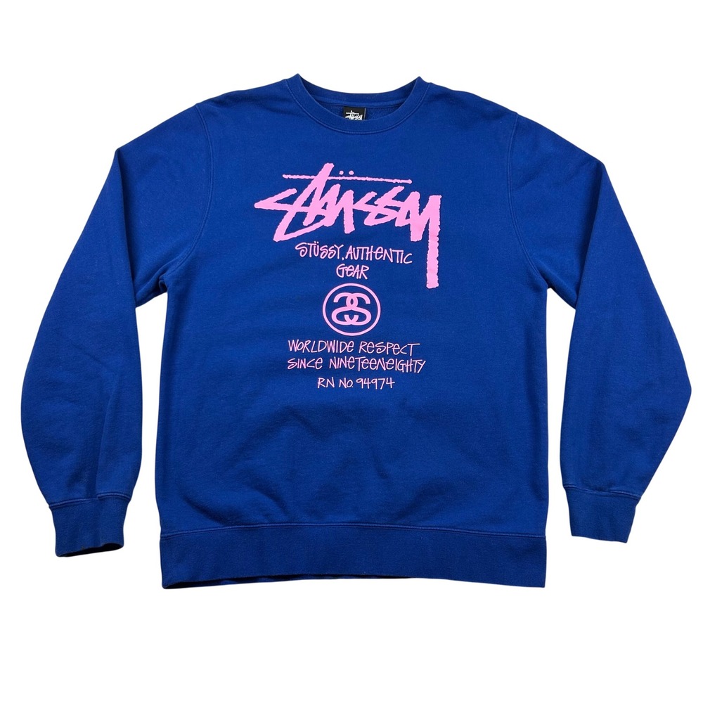 Vintage Stussy Sweatshirt Mens L Worldwide Respect Blue Pink Logo 90s Y2K Skater